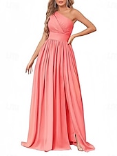 baratos Vestidos para Madrinhas-vestido de dama de honra em corte A, um ombro, sem mangas, elegante, longo, chiffon, com pregas / frente aberta / franzido 2025