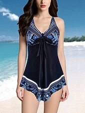preiswerte Schwimmresse-Damen Badeanzug 2 Stück Kurze Hosen Bademode Rückenfrei Geometrisch Urlaub Strandbekleidung Graphic V Ausschnitt Ärmellos Badeanzüge