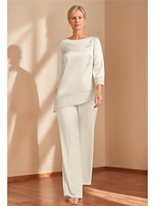 preiswerte Hosenanzüge für Mama-Overall  Hosenanzug Brautmutter Elegant Einfach Minimalistisch Boot-Ausschnitt Bodenlänglich Satin 3/4 Länge Ärmel Wrap enthalten mit Einfarbig 2025