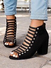 Χαμηλού Κόστους Γυναικεία Σανδάλια-γυναικεία μαύρα πέδιλα με λουράκια με τακούνι με λεπτομέρειες με καρφιά – μοντέρνο σχέδιο peep-toe για ρούχα γραφείου και πάρτι