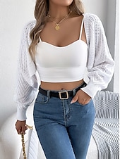 preiswerte Strickjacken und Oberbekleidung-Damen Strickjacke Pullover mit Zopfmuster Strassenmode Täglich Stilvoll Einfarbig Grobstricken Gehäkelt Öffnung vorne Ausgehöhlt Strick Raglanärmel Laternenärmel Langarm Crop Tops Stricken Heim Party