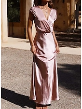 cheap Bridesmaid Dresses-Sheath / Column Bridesmaid Dress V Neck Cap Sleeve Elegant Floor Length Satin with Ruching 2025
