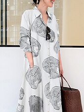 economico abiti stampati in cotone e lino-Per donna Abito maxi Abiti in cotone e lino Abito Camicia Vestito Casual Casual Vacanza Quotidiano Vestibilità regolare Grafico Manica Lunga Colletto a Camicia Bianco Giallo Rosso Estate