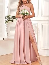 baratos Vestidos para Madrinhas-vestido de dama de honra em corte A, um ombro, sem mangas, elegante, longo, chiffon, com pregas / frente aberta / franzido 2025