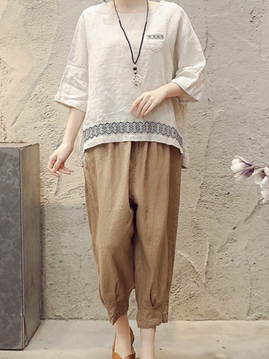 preiswerte Hemden-Damen Hemd Bluse Baumwoll-Leinen-Hemden Geometrisch Basic Lässig Dreiviertelarm Rundhalsausschnitt Normale Oberteile Täglich Patchwork Weiß Braun Grün Sommer Frühling