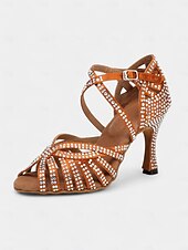 abordables Chaussures de danses latines-sandales de danse latine ornées de strass avec bout ouvert et design à lanières pour femmes - parfaites pour la salsa et les spectacles