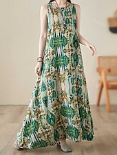 cheap Print Cotton &amp; Linen Dresses-Women&#039;s Maxi Dress Cotton Linen Dresses Casual Dress Boho Chic Dresses Tank Dress Bohemia Casual Boho Vacation Daily Beach Loose Fit Geometric Sleeveless Crew Neck Green Summer
