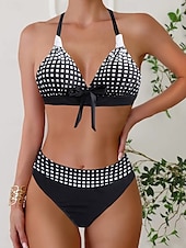 billige Bikinisett-Dame Badetøy Bikini 2 stk Frekk Badedrakt Åpen rygg Tynn Ferie Strand Klær Grafisk V-hals Ermeløs Badedrakter
