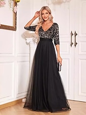 preiswerte BLAU-A-Linie Abschlussballkleider Glitzerndes Kleid Formelle Hochzeit Bodendeckend Langarm V-Ausschnitt Tüll mit Glitzer