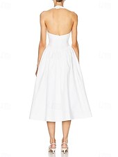 economico Abiti bianchi-Spiaggia Piccola Laurea Abiti Bianchi Abiti da Sposa Neri A-Line Collo Halter Senza Maniche Lunghezza Tè Abiti da Sposa in Jersey con Pieghe Drappeggio 2025