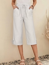 baratos Shorts de linho de algodão-Mulheres Shorts de algodão e linho Calção Leve Casual Comprimento do joelho Cintura Média Tecido Bolsos Com Cordão Respirabilidade Confortável Sem Elasticidade Casual / Diário Final de semana Azul de