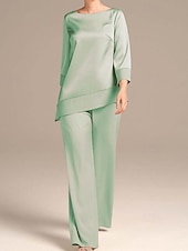 preiswerte Hosenanzüge für Mama-Overall  Hosenanzug Brautmutter Elegant Einfach Minimalistisch Boot-Ausschnitt Bodenlänglich Satin 3/4 Länge Ärmel Wrap enthalten mit Einfarbig 2025
