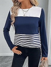 ieftine Tricou cu dungi și geometric-Pentru femei Tricou Dungi Casual Manșon Lung Stil Nautic Topuri obișnuite Zilnic Imprimeu Albastru piscină Primăvară Toamnă