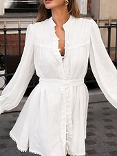 abordables robes imprimées en coton et lin-Femmes Mini Robe Robes inspirées du lin Robe en coton et lin Robe trapèze Élégant Basique Occasionnel Vacances Soirée Travail Coupe régulière Uni manche longue Col haut Blanche Été Printemps Automne