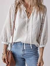 economico Top da Lavoro per Donne-Per donna Camicia Blusa Liscio Moda Informale Manica lunga A V Top regolari Giornaliero Collage Bianco Primavera Autunno