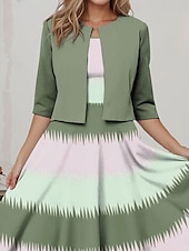 ieftine Rochie cu dungi și geometrică-Rochie midi femei set rochie două piese rochie imprimată elegantă ombre imprimeu mânecă semi lungă gât rotund zilnic verde deschis primăvara toamna regular fit