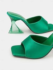 preiswerte Damensandalen-grüne Satin Open-Toe Pantoletten mit transparentem Blockabsatz für Damen – schicke Sommer-Partyschuhe