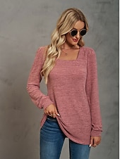 abordables Tops Sencillos para Mujeres-Mujer Sayo Remera de algodón Plano Bohemia Elegante Básico Manga Larga Manga Farol Escote Cuadrado Tops regulares Diario Deportes Noche Negro Rosa Morado Verde Trébol Caqui Primavera Otoño