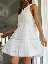 abordables concevoir des robes en coton et lin-Femmes Mini Robe Robes inspirées du lin Robe Décontractée Robe évasée Robe débardeur Basique Occasionnel Vacances Quotidien Coupe régulière Uni Sans manches Col ras du cou Blanche Été