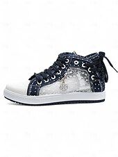 economico Sneakers da donna-sneakers alte in tela con lacci blu da donna con pannelli in rete ricamati, design a pois per abbigliamento casual e outdoor