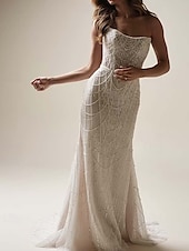 economico abiti da sposa casual-Abiti da Sposa Sirena  Tromba Scollo Quadrato Senza Maniche Strascico Corto in Tulle Completi da Sposa Abiti da Sposa con Perle e Applicazioni