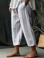 economico Pantaloni in cotone e lino con grafica-Per donna Pantaloni in cotone e lino Pantaloni Leggero Casual Lunghezza intera Vita media A righe Tasca Coulisse Traspirabilità Confortevole Inelastico Casual Quotidiano Weekend Blu viola Bianco