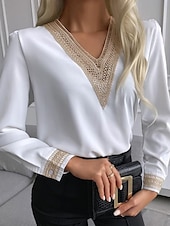 voordelige Kant Tops-Dames Overhemd Blouse Effen Kleur Stijlvol Casual Lange mouw V-hals Normale tops Dagelijks Kant Lapwerk Zwart Wit Zomer Lente Herfst