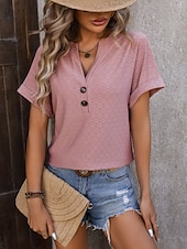 preiswerte Einfarbiges T-Shirt-Damen T Shirt T-Shirt Knöpfe Einfach Mode Stilvoll Klassisch Kurzarm V Ausschnitt Normale Oberteile Täglich Ausgehen Wochenende Blau Schwarz Purpur Fuchsie Grün Sommer Frühling