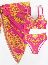 voordelige 3-delige bikiniset-Dames Zwemkleding Bikini 2 stuks Rok Zwempak Blote rug Slank Vakantie Strand Kleding Bloemig Halternek Mouwloos Badpakken