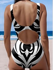 cheap One-piece swimsuits-Women&#039;s Swimsuits One Piece Monokini Swimsuit Backless Tummy Control High Waist Slim Vacation Beach Wear Geometic U Neck Sleeveless Bathing Suits