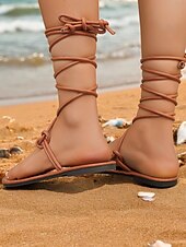 cheap Vacation Sandals-Women&#039;s Black Gladiator Lace-Up Sandals - Strappy Flat Design for Summer Beach and Casual Wear