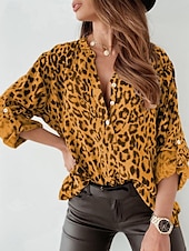 billige Kvinnenes arbeids topper-Dame Skjorte Bluse Leopard Stilfull Fritid Langermet Høyhalset Vanlige topper Daglig Knapper Trykt mønster Sølv Gul Beige Sommer Vår