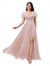 cheap Bridesmaid Dresses-A-Line Bridesmaid Dress V Neck Short Sleeve Elegant Floor Length Chiffon with Split Front 2022