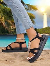 cheap Vacation Sandals-Women&#039;s Denim T-Strap Sandals with Beaded and Embellished Details, Lightweight Sole, and Boho Style for Beachwear and Summer Casual Outfits