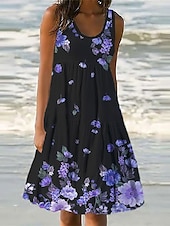billiga Blommiga klänningar-Kvinnors Mini Klänning Petite Klänning Sommarklänning Skift Klänning Volang Klänning Semester Avslappnad Utomhus Semester Dags Regular Fit Blommig Ärmlös U-Hals Blå Lila Fuchsia Grön Sommar Vår