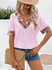 economico Top in Pizzo-Bluse Eleganti in Pizzo Bianco per Donna con Occhielli Blusa Fashion Moderna Colore Unito Top Regolari a Maniche Corte Collo a V Ricamata Fit Regolare Weekend Romantico Petits da Indossare in Estate