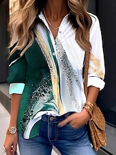 economico Top d&#039;Arte e Design per Donne-Camicia da donna a maniche lunghe blusa con bottoni grafica ombre marmo quotidiana alla moda colletto camicia lunghe tops quotidiani bottoni stampa verde estate primavera