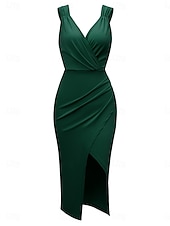 abordables Robe Simple-Robe Midi Femme Robe d&#039;Été Uni Robe Bodycon Hors des Épaules Robe Semi-Formelle Invité de Mariage Cocktail Soirée Ajustement Normal Graphique Sans Manches Col V Noir Vert Bleu Clair