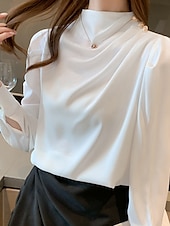 olcso Öltözetes felsők-Női Ing elegáns Elegáns Szatén Tömör szín Üzlet Modern Alkalmi Hosszú ujj Körgallér Normál felsők Munka Ünnepi viselet Gombok Fehér Medence Nyár Tavasz