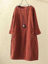 olcso design pamut és len ruhák-Női Extra méret Mini ruha Vászon ihletésű ruhák hétköznapi ruha Alkalmi Napi Előírásos öltözék Háromnegyedes Terített nyak Fekete Rozsdás vörös Rubin Medence Tavasz Ősz