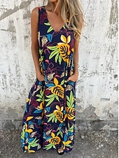 ieftine Rochii de Vacanță-Pentru femei Rochii Midi Rochie casual Rochie A line Stilat Casual Vacanță Zilnic Plajă Fit regulat Floral Frunză Fără manșon În V Albastru Închis Caisă Bej Vară