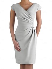 cheap Tea Length-Sheath Mother of the Bride Dress Wedding Guest Elegant V Neck Knee Length Stretch Fabric Short Sleeve with Ruched free custom size