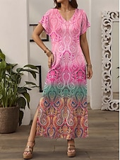 preiswerte Boho Kleider-Damen Maxi Kleid Freizeitkleid Strandkleid Shift Kleid Stilvoll Freizeit Drop Schulter Urlaub Alltag Reguläre Passform Farbverlauf Kurzarm V-Ausschnitt Pink Blau Lila Grün Frühling Herbst