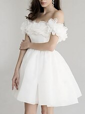 cheap Cocktail Dresses-A-Line Cocktail Dresses Elegant Dress Homecoming Cocktail Party Short / Mini Short Sleeve Off Shoulder Satin with Shouder Flower Derby Dresses 2025