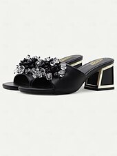 cheap Vacation Sandals-Women&#039;s Purple Slide Sandals with Pearl and Bead Embellishments – Fashionable Chunky Heel Mules for Casual Outings and Evening Events