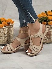olcso Nyári szandálok-női vintage, nyitott orrú, vaskos sarkú szandál - elegáns nyári cipő csatos pánttal és üreges kialakítással alkalmi, munkahelyi vagy szabadtéri alkalmakra