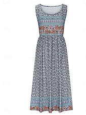 olcso Bohém ruhák-Női Midi ruha hétköznapi ruha Boho ruha Elegáns Szüret Stílusos Vakáció Napi Normál Grafika Ujjatlan Terített nyak Fekete Medence Szürke Világoskék Nyár Tavasz