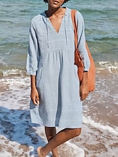 abordables concevoir des robes en coton et lin-Femmes Robe Midi Robes en coton et lin Robe Décontractée Basique Occasionnel Vacances Quotidien Coupe régulière Uni Manche 3/4 Col en V Noir Blanche Vert Claire Bleu clair Été