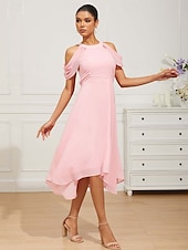 voordelige Feestjurken-Dames Halflange jurk Chiffon jurk Elegant Formeel Flutter mouw Bruiloft gast Cocktailparty Normale pasvorm 3/4 mouw Halternek Blozend Roze Zomer Lente