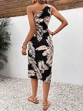 cheap Vacation Dresses-Women&#039;s Midi Dress Casual Dress Bodycon Stylish Casual Vacation Daily Regular Fit Leaf Sleeveless One Shoulder Black Summer